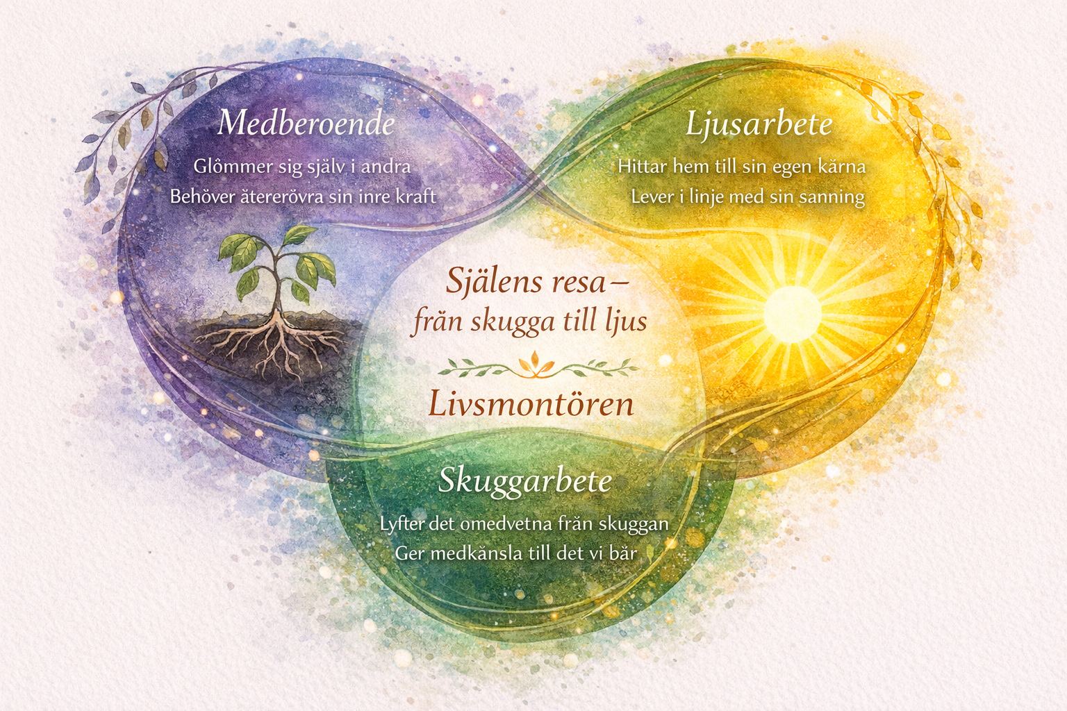 Illustration som visar sambandet mellan medberoende, skuggarbete och ljusarbete hos Livsmontören